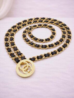 Authentic Chanel CC Chain Belt Black Leather Gold Medallion Logo